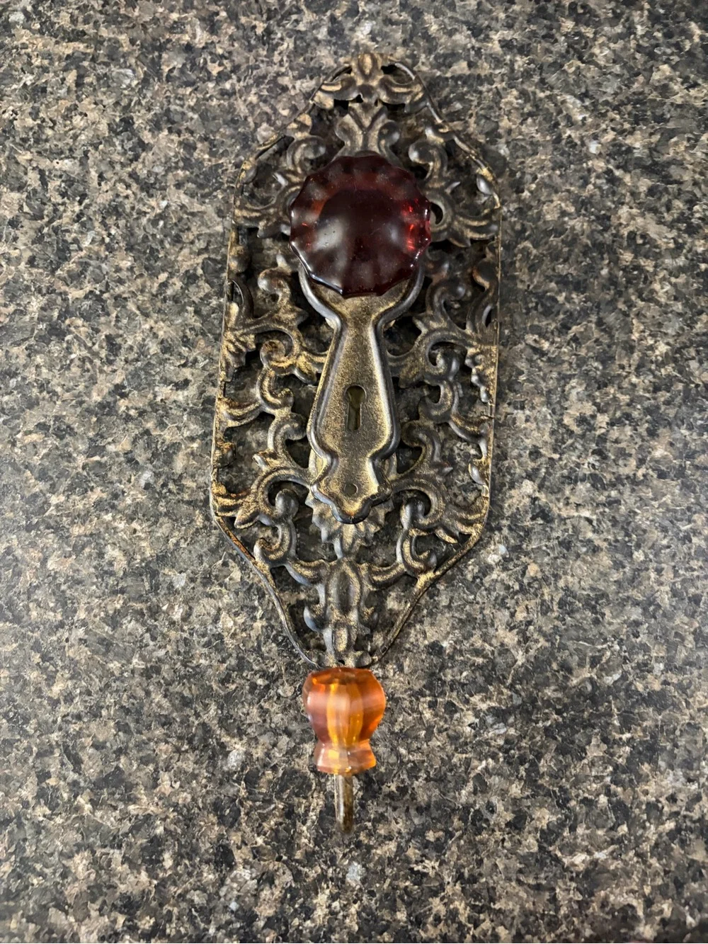 Antique-Style Ornate Metal Wall Hook with Amber and Ruby Accents